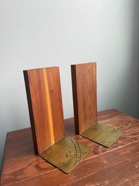Wood Brass Vintage Sturdy Bookends 0.75x3.25x7"